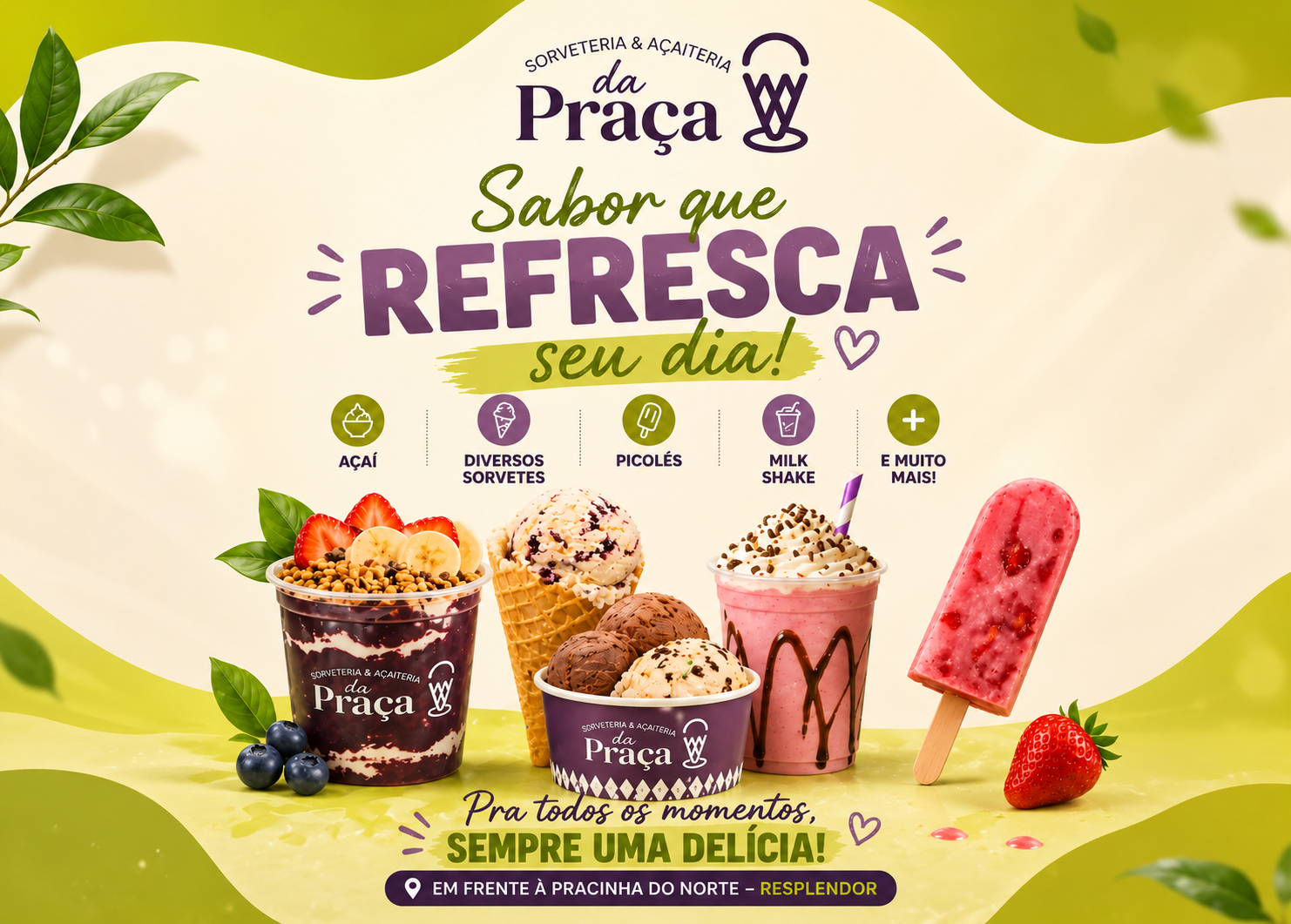 Balcão com potes de sorvete artesanal de vários sabores